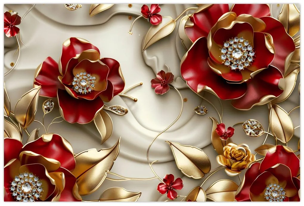 Kép - 3D piros-arany virágok (90x60 cm)