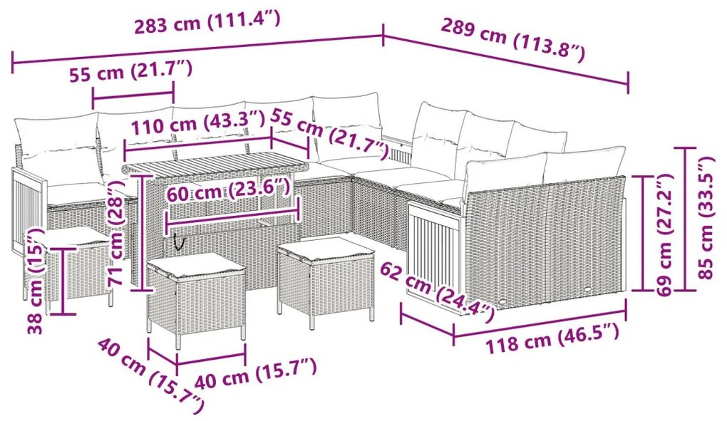 13 Részes Kerti Kanapé Készlet Párnákkal Bézs Poli Rattan Akáccal, 2-Fős Kerti Kanapé Párnákkal Bézs Poli Rattan, 3 Részes Kerti Étkező Készlet Párnákkal Bézs Poli Rattan Akáccal