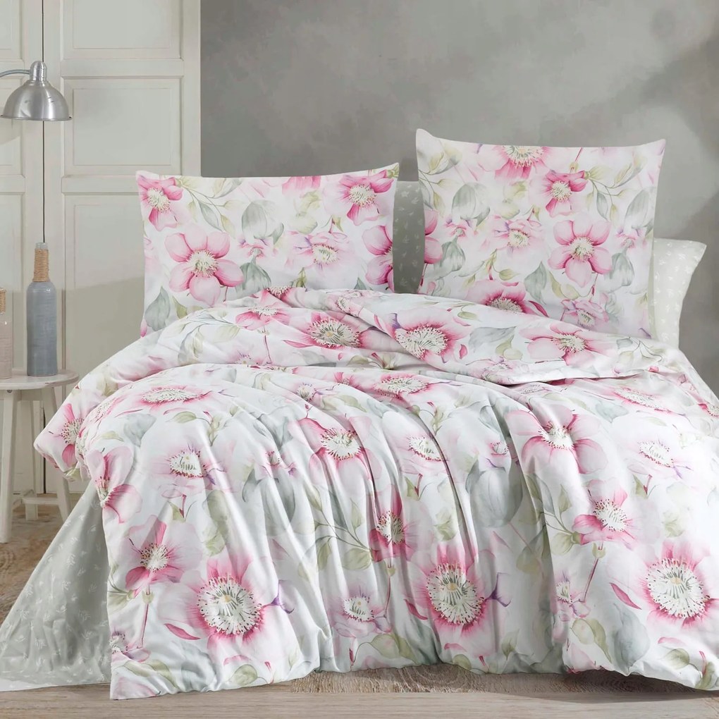 Pataya rózsaszín-fehér virágos szatén ágyneműhuzat garnitúra 200x220 cm Exclusive 24