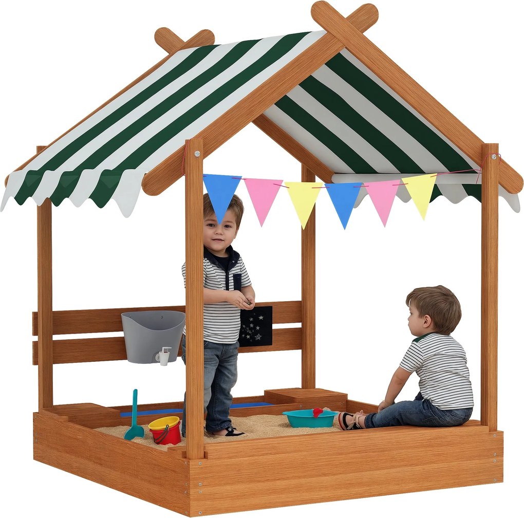 Outsunny Homokozó Tetővel, Fa Homokozó Ülőhellyel, Játék Móka Ház, 124 x 116 x 146 cm Homokozó Krétatáblával 3-7 Éves Gyerekeknek, Kert, Zöld | Aosom