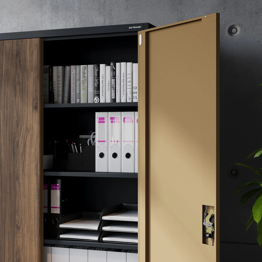 Fém irodai iratszekrény, széles, antracit/dió, 1150x1850x400 mm: JAN II Eco Design