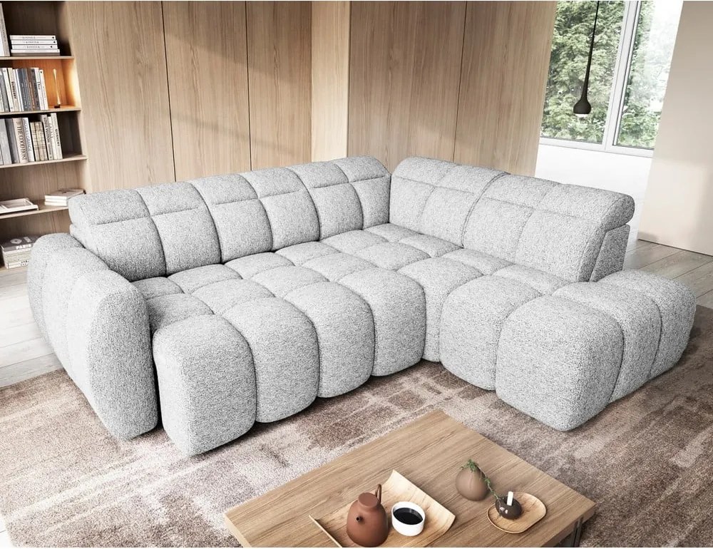 Világosszürke buklé kinyitható-tárolóhelyes sarokkanapé (jobb oldali-L alakú) Falconn – ELTAP