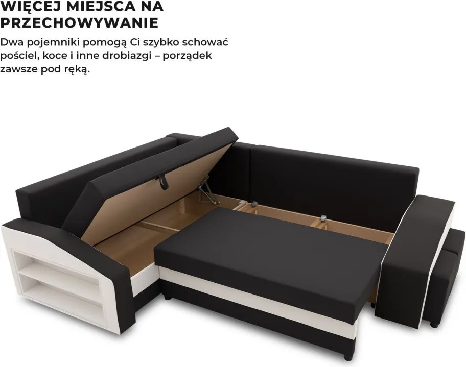 Grande sarokkanapé polcokkal és puffokkal , polc a bal karfaban puffok a jobb karfaban, baloldali, szövet anyag, hab töltet, fekete - fehér