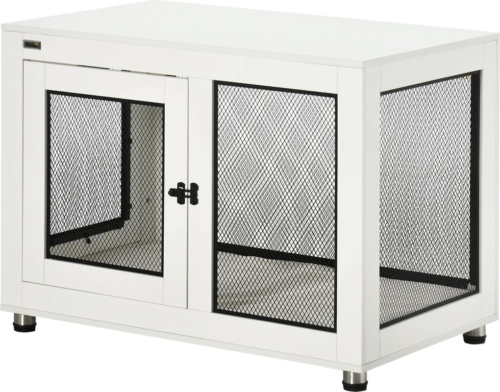 PawHut Otthoni Kutya Ketrec, 2 Ajtós Kutya Fészek, Mosogatógépben Mosható Párna, Állítható T lábakkal, Zárható, Nagy Kutya számára 30 kg-ig, Fehér, 94