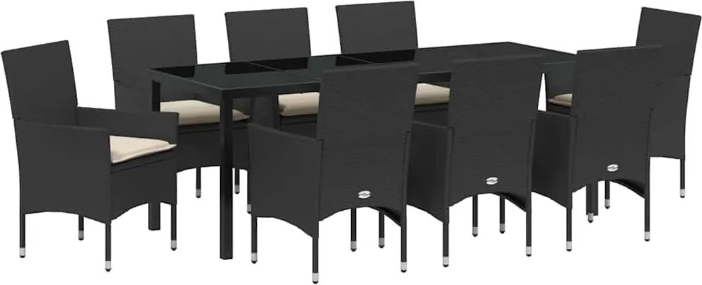 vidaXL Kert étkező szett párnával 9 pcs Fekete polirattan
