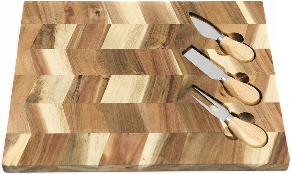 Sajtvágó deszka késekkel fa akác 35x28cm késkészlet