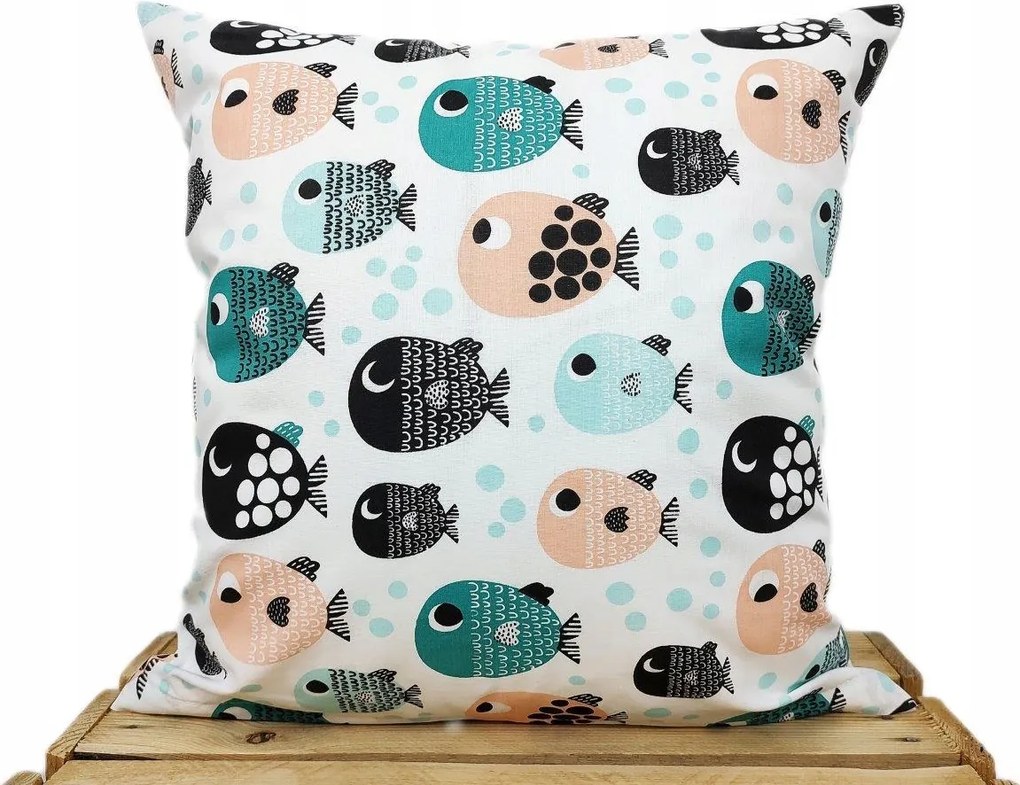 Prémium pamut gyerek párnahuzat színes halak menta fekete 40x40