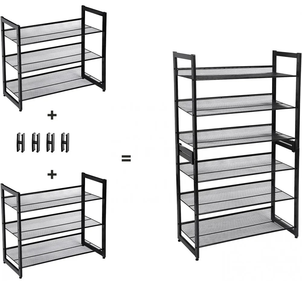Cipőtartó polc 3 szintes fém háló polcokkal, fekete 74x30x62cm