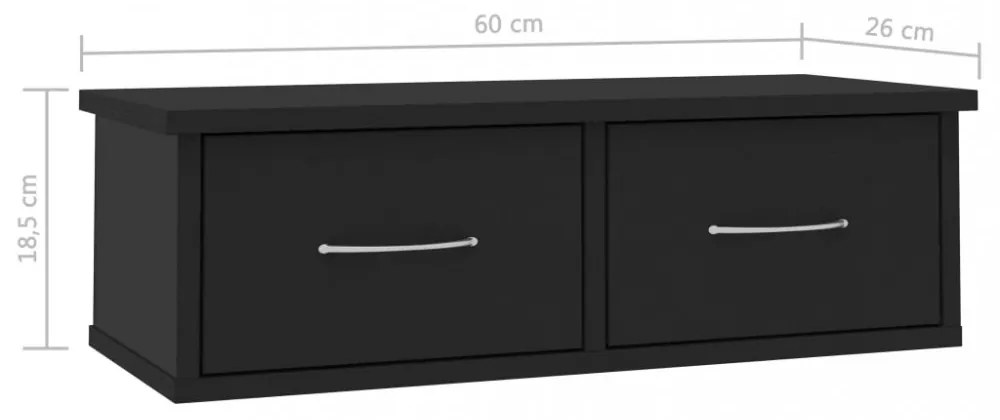 fekete szerelt fa falra szerelhető fiókos polc 60x26x18,5 cm