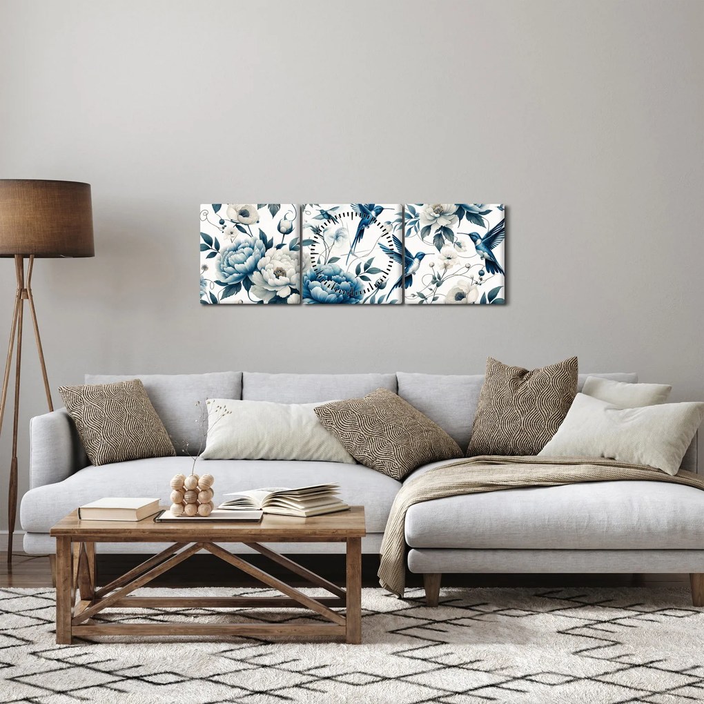 Kép - Kolibrikok virágokkal (órával) (90x30 cm)