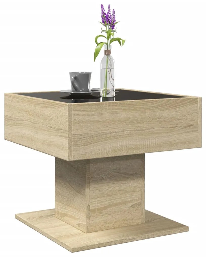 sonoma tölgy szerelt fa dohányzóasztal LED-del 50 x 50 x 45 cm