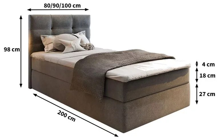 Kárpitozott boxspring ágy GLORIEN VELVET 100x200 cm szürke Matrac: Bonell rugós matrac