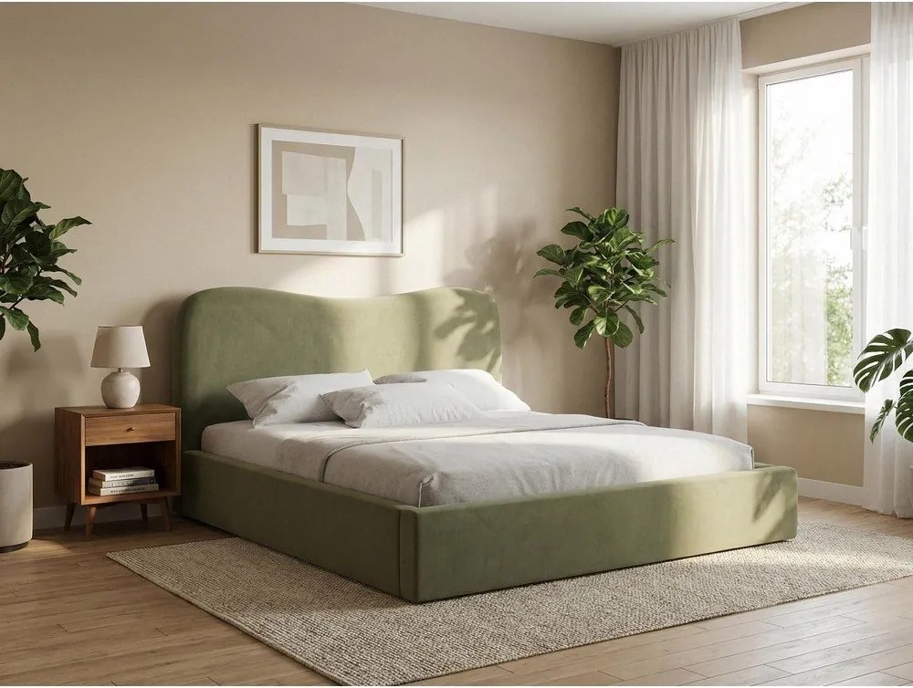 Sötétlila kárpitozott ágyneműtartós franciaágy ágyráccsal 180x200 cm Kahai – Makamii