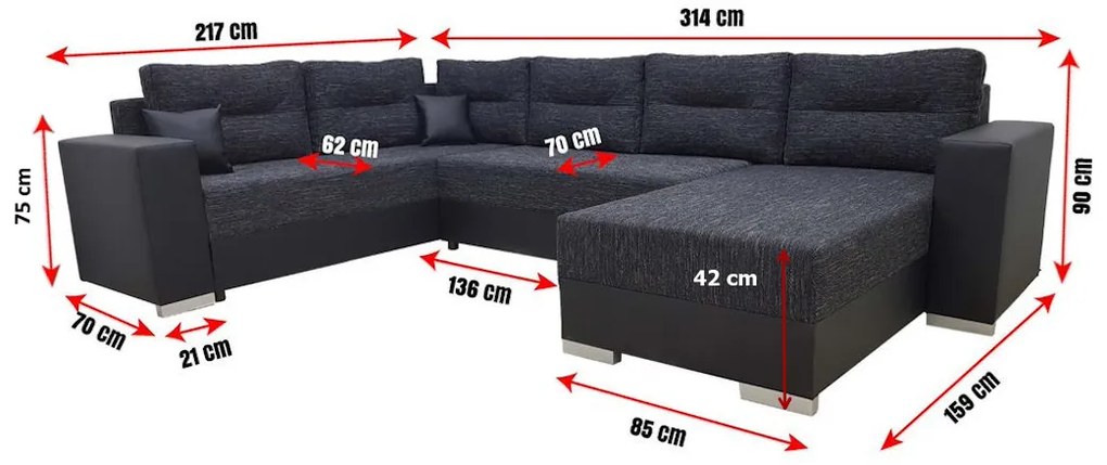 WHALE U alakú ülőgarnitúra, 314x90x217, berlin 02/madryt 1100