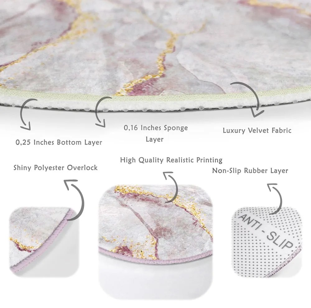 Világos rózsaszín-aranyszínű mosható kerek szőnyeg ø 120 cm Marble – Mila Home