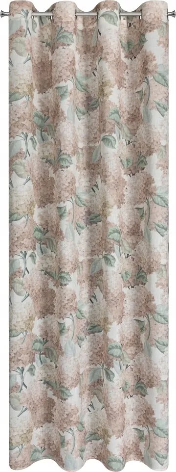 Demi függöny karikákkal, 140x250 cm, természetes zöld, rozsda, hortenzia mintával