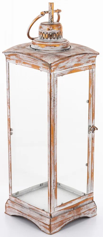 Vintage koptatott barna-krém üvegezett fém mécsestartó lantern lámpás akasztóval 79x23x23cm