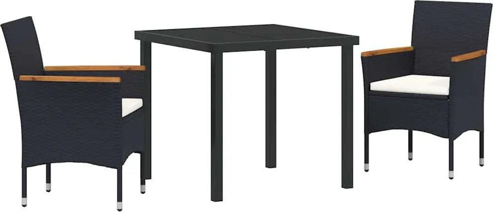 vidaXL Kert étkező szett párnával 3 pcs Fekete polirattan