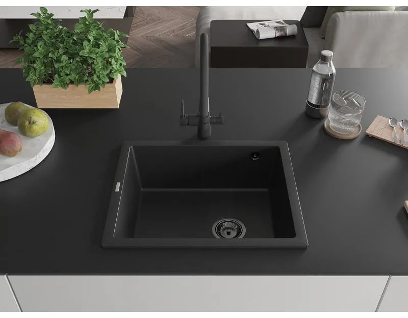 Mexen Pedro, gránit mosogató 560x460x200 mm, 1 kamrás, fekete, fekete szifonnal, 6508561000-77-B