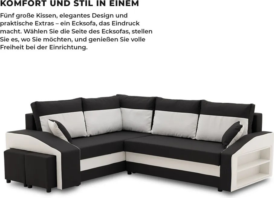 Grande sarokkanapé polcokkal és puffokkal , polc a jobb karfaban puffok a bal karfaban, baloldali, szövet anyag, hab töltet, fekete - fehér