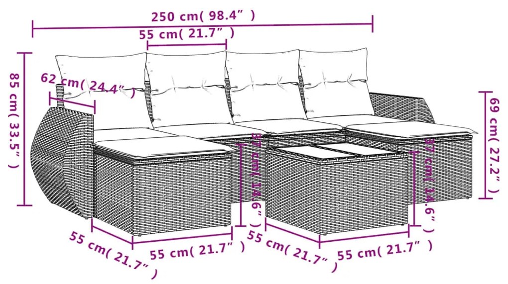 7 részes barna polyrattan kerti ülőgarnitúra párnákkal