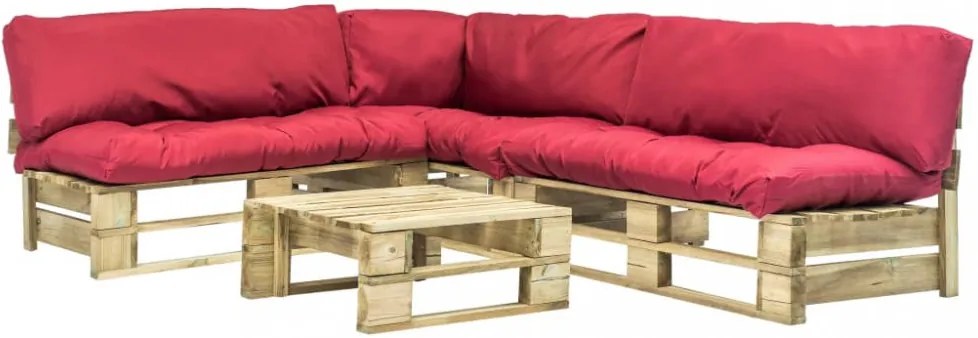 4 db fsc fa kerti raklap kanapé szett piros párnákkal