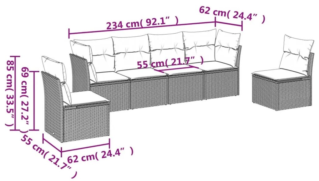 6 részes fekete polyrattan kerti ülőgarnitúra párnákkal