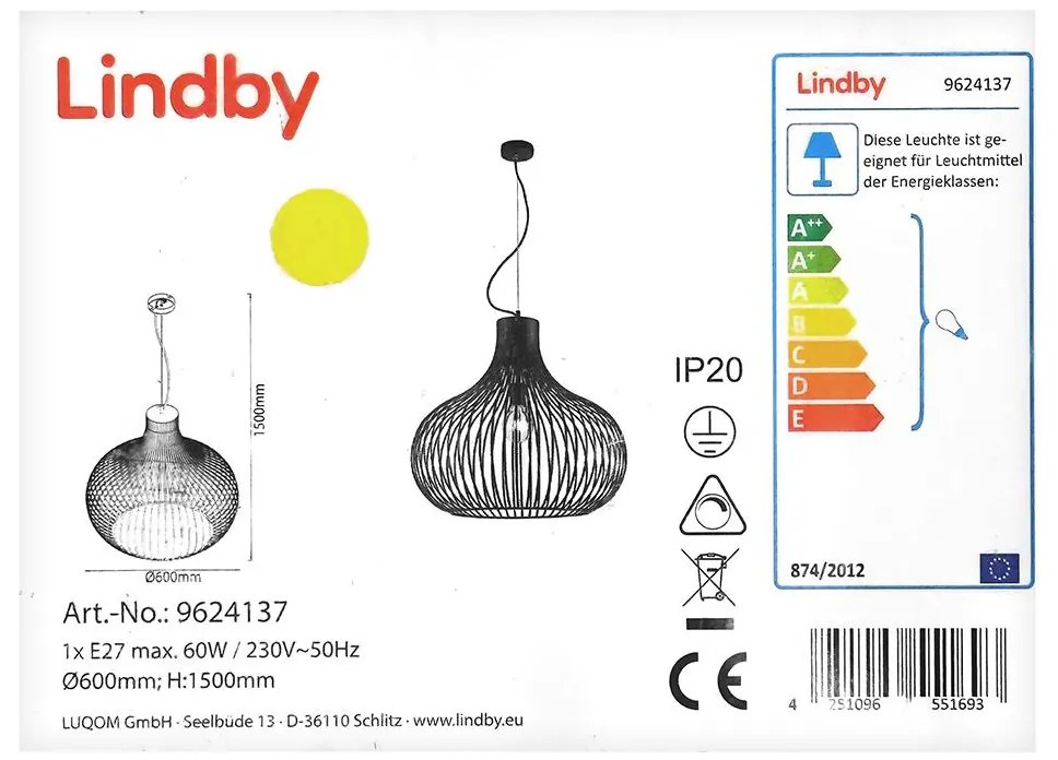 Lindby - Csillár zsinóron FRANCES 1xE27/60W/230V