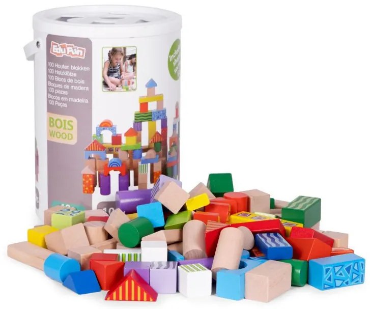 Fa építőkocka formaillesztő vödörrel 100 darabos készlet