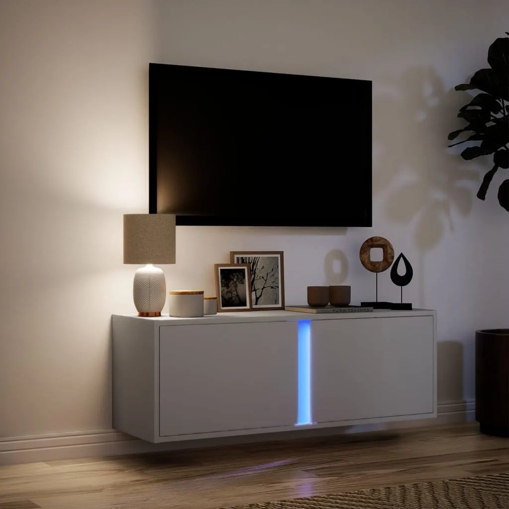 fehér falra szerelhető TV-szekrény LED-lámpákkal 100x31x35 cm