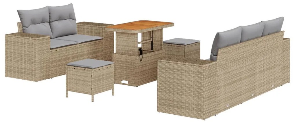 8 Részes Kerti Kanapé Szett Párnákkal Bézs Poly Rattan Akác, 3 Részes Kerti Étkező Szett Párnákkal Bézs Poly Rattan Akác