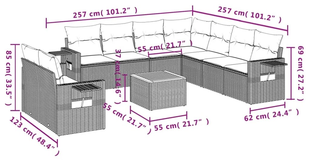 10 részes bézs polyrattan kerti ülőgarnitúra párnával