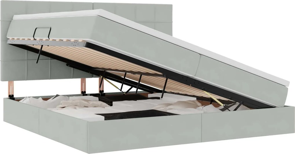 vidaXL Ágy tárolóval és matraccal Világosszürke 200 x 200 cm Bársony
