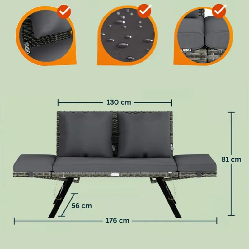 Kerti pad 2in1 polirattanból 176 × 56 × 81 cm fekete / krém
