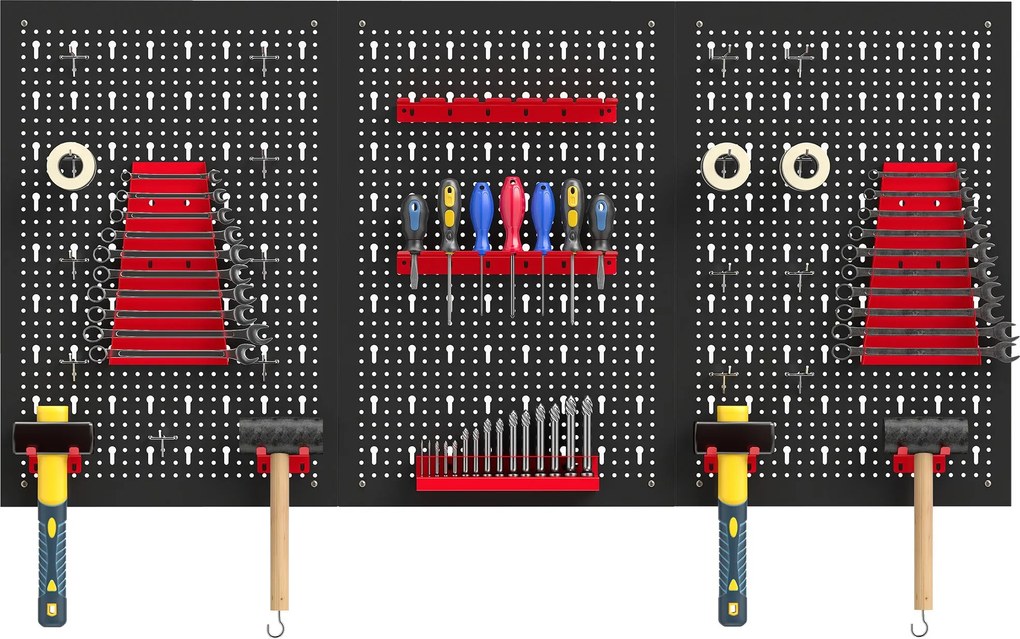 HOMCOM fali szerszámtároló rendszer 60 x 40 cm, 28 részes szerszámtartó akasztókkal és rekeszekkel, fekete/piros | Aosom