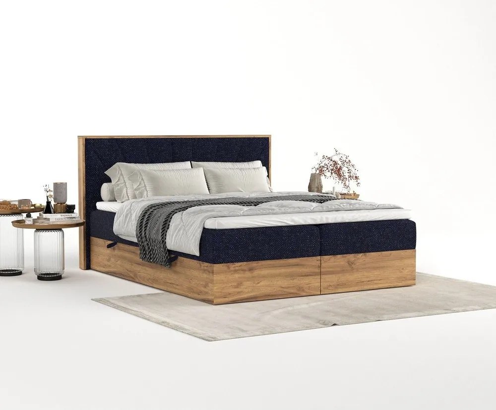 Sötétkék-natúr színű ágyneműtartós boxspring ágy 180x200 cm Asahi – Maison de Rêve