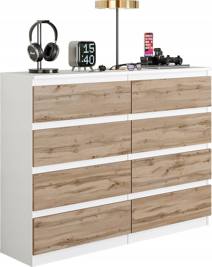 Komód Magas 8 Fiókos, 120 CM Fehér Matt/ Wotan Tölgy, Nappaliba, Hálószobába