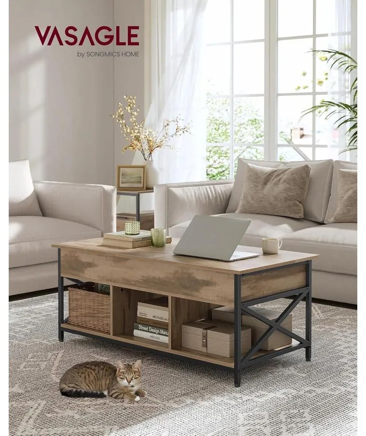 VASAGLE magasságban állítható dohányzóasztal, 50 × 100 cm, karamellbarna–tintafekete színben