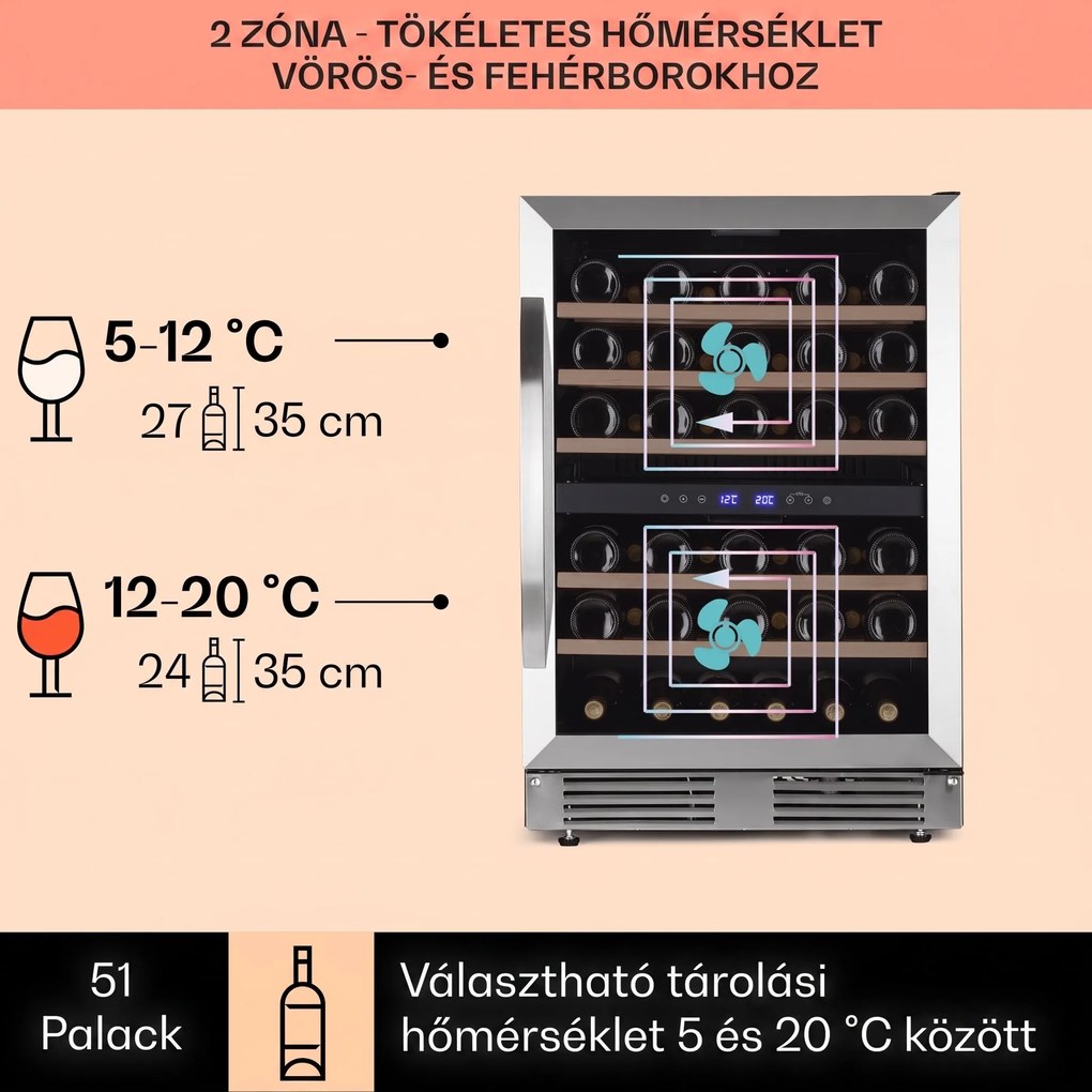 Klarstein Vinovilla 50 Duo kétszintes borhűtő 53 l, 17 palack, háromszínű üvegajtó