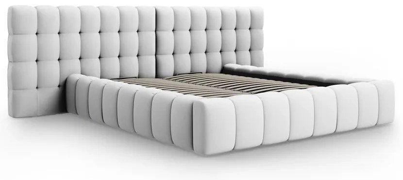 Világosszürke kárpitozott ágyneműtartós franciaágy ágyráccsal 200x200 cm Mamaia – Micadoni Home