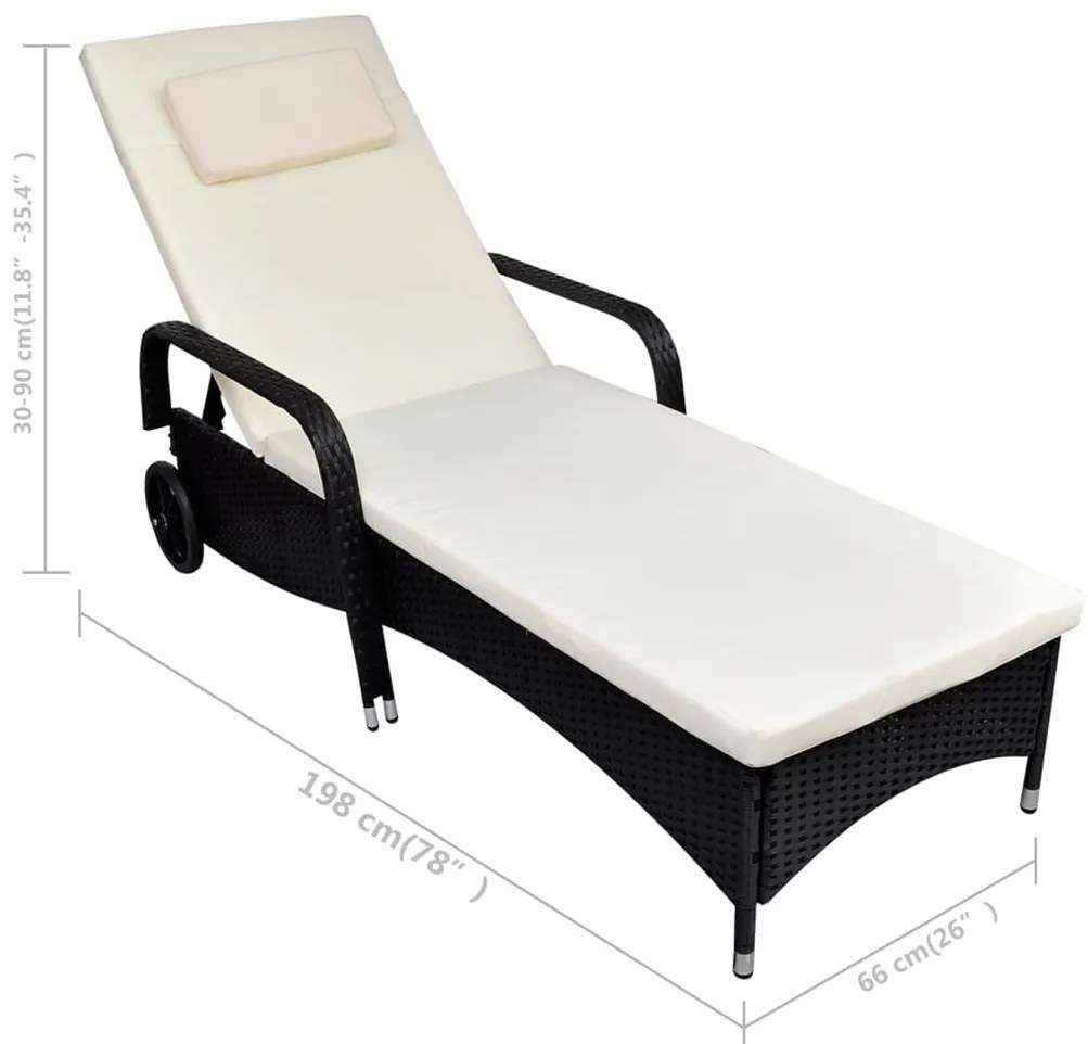 Fekete polyrattan napozóágy párnával és kerekekkel