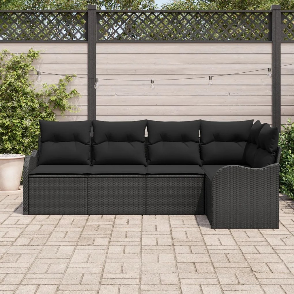 5 darabos kerti kanapé szett, párnákkal, fekete poly rattan, 2 fős kerti kanapé tárolóval és párnákkal, fekete poly rattan