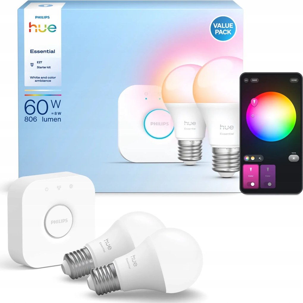 2x Led izzó E27 8W 806lm Rgb Smart Bridge Philips Hue Essential