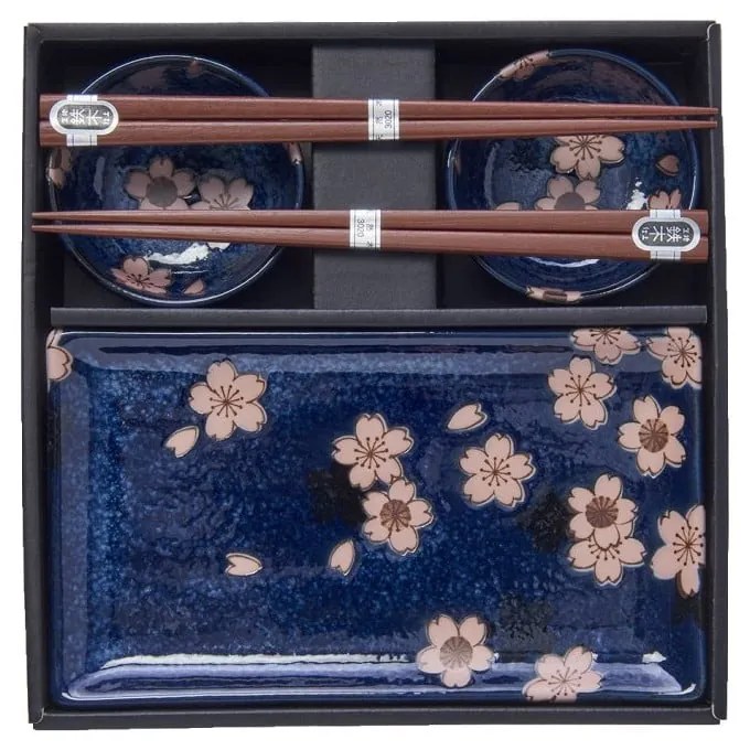 Sakura hatrészes kék kerámia étkészlet sushihoz - MIJ