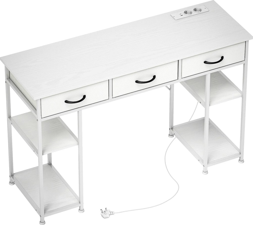 HOMCOM számítógép íróasztal 2 USB töltőporttal és 2 konnektorral, 120 x 40 cm, tárolóval, állítható polcokkal és 3 szövet fiókkal, munkagép, acélszerk