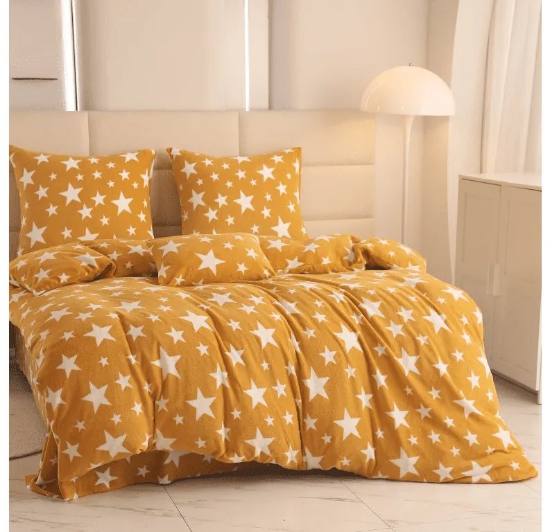 Mikroplüss ágyneműhuzat szett STARS sárga-narancs + mikroplüss lepedő SOFT 180x200 cm fehér, kétszemélyes