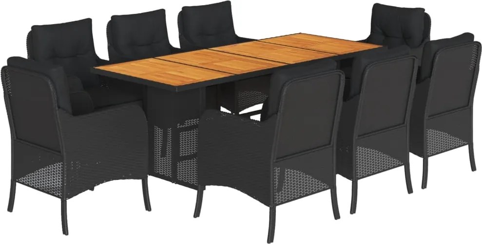 vidaXL 9 részes fekete polyrattan kerti étkezőgarnitúra párnákkal