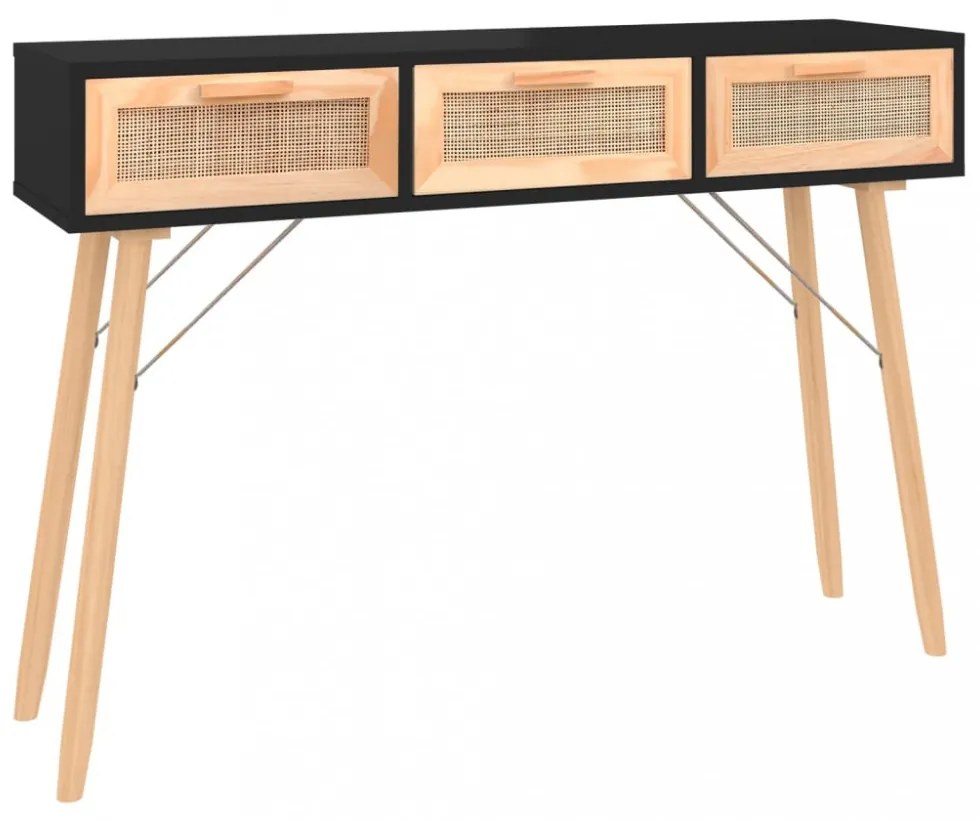 fekete tömör fenyő és természetes rattan kisasztal 105x30x75 cm