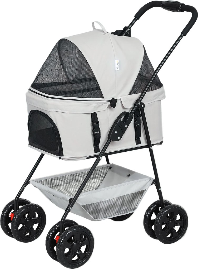 PawHut 3 az 1-ben kutya babakocsi - Összecsukható kutyák és macskák számára, max. 4 kg - Kényelmes alátéttel, légáteresztő ablakokkal, pohártartóval é