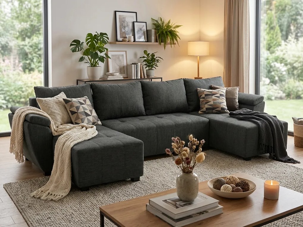 U alakú kinyitható kanapészett LIVARO 305x140 cm, sötétszürke